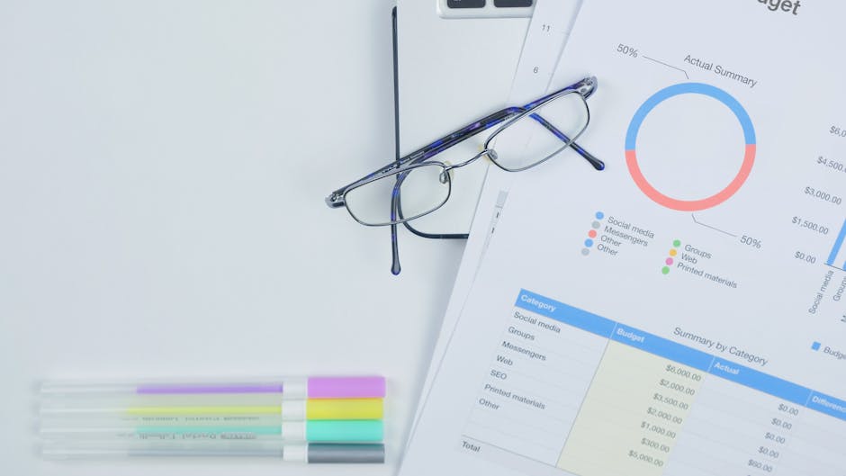 A modern workspace featuring budget graph, laptop, glasses, and stationery for creative business planning.